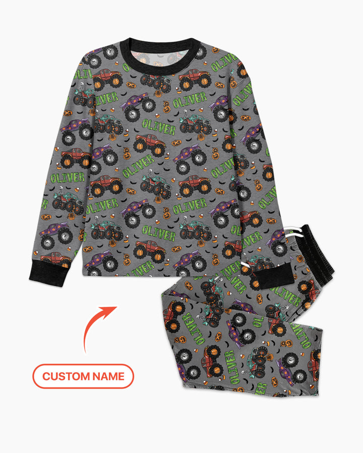 Custom Name Haunted Monster Trucks  Bamboo Men's Pajama Set