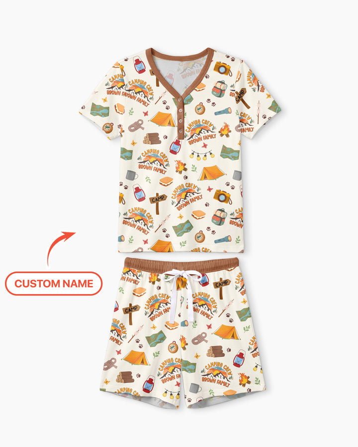Custom Name Camping Crew Family Matching Bamboo Women Short Sleeve Short Pajama Set