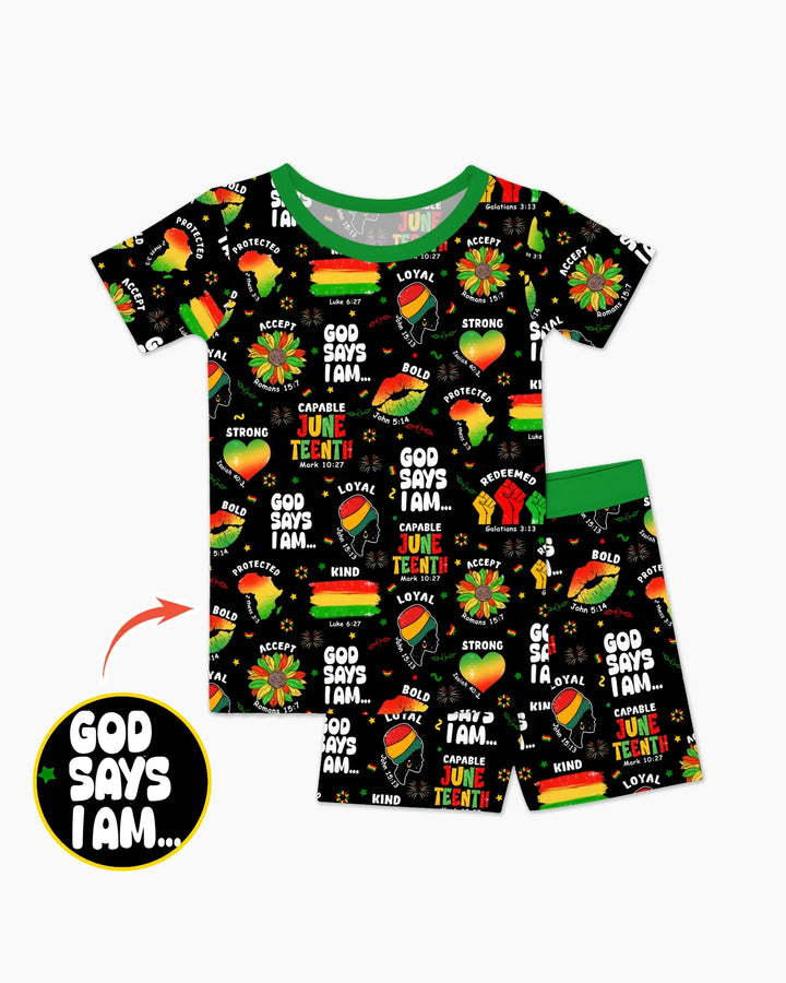 God Says I Am Juneteenth Blessings Bamboo Two Piece Short Sleeve Shorts Pajama Set