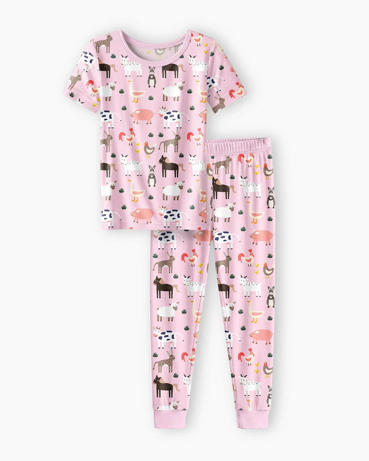 Pink Farm Animals Bamboo Two Piece Short Sleeve Pyjamas Set