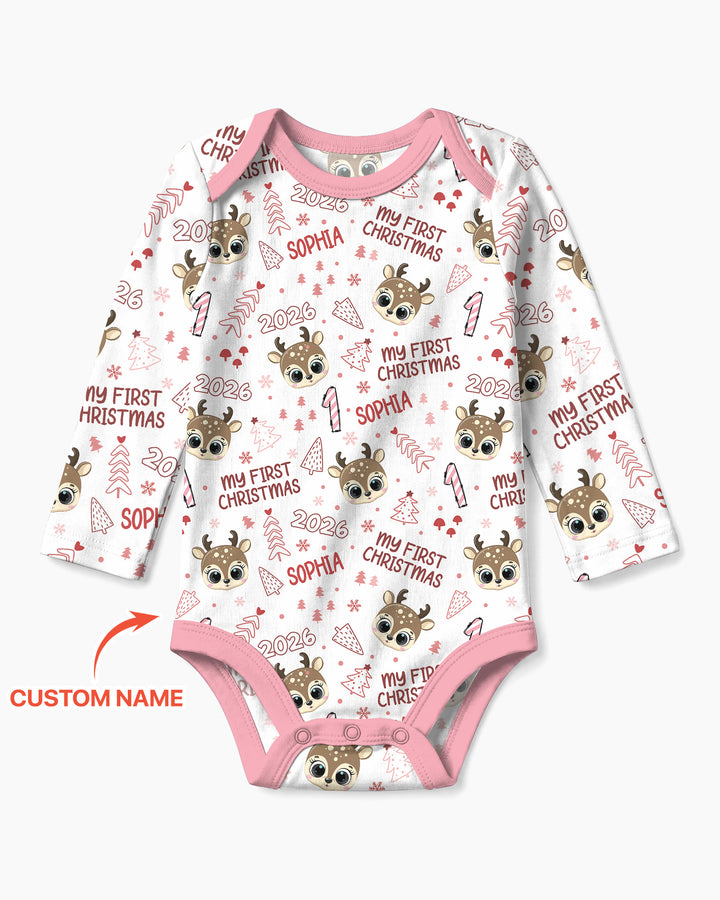 Custom Name Cute Reindeer My First Christmas Bamboo Bodysuit