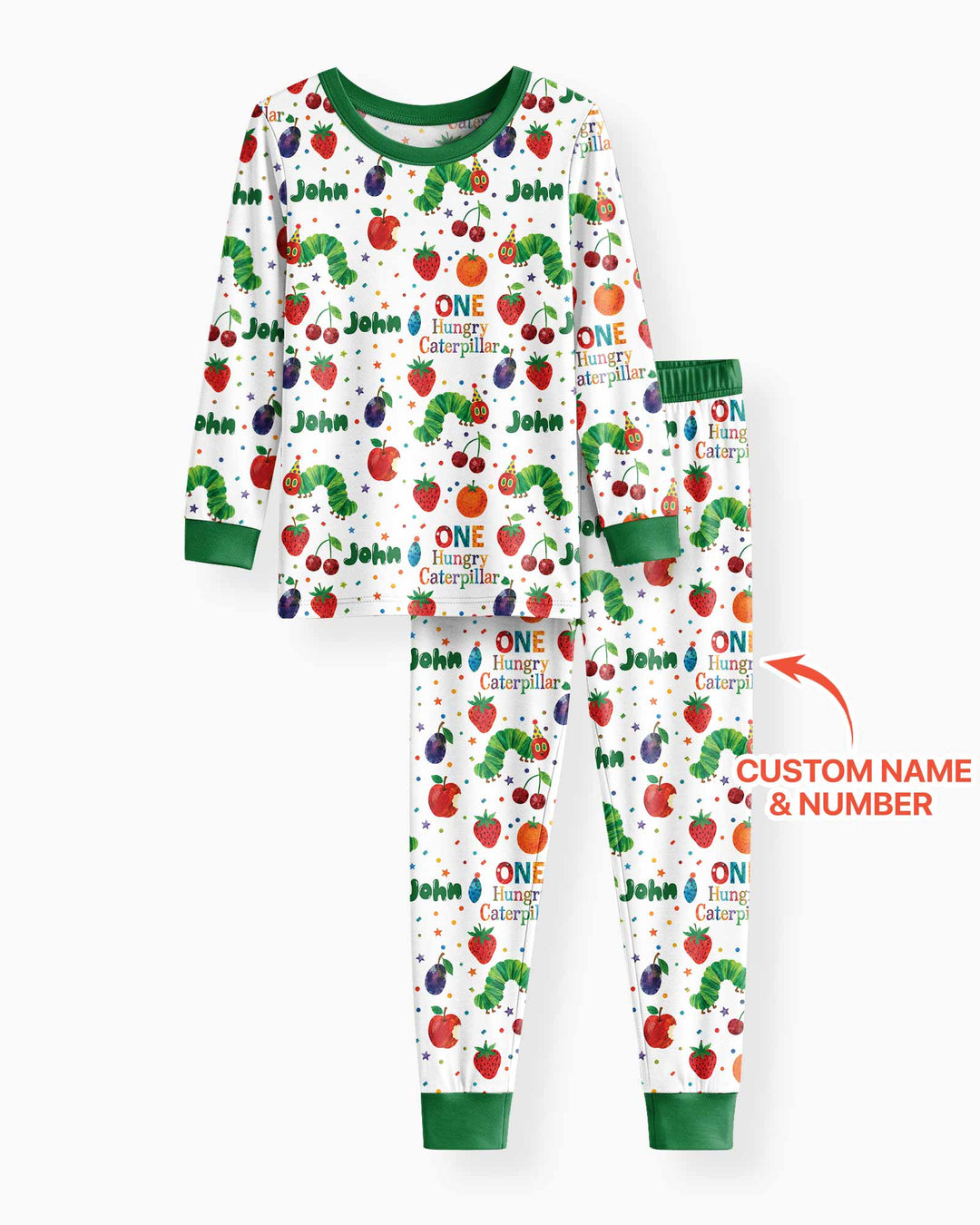 Custom Name And Age Hungry Caterpillar Bamboo Two Piece Long Sleeve Pajama Set