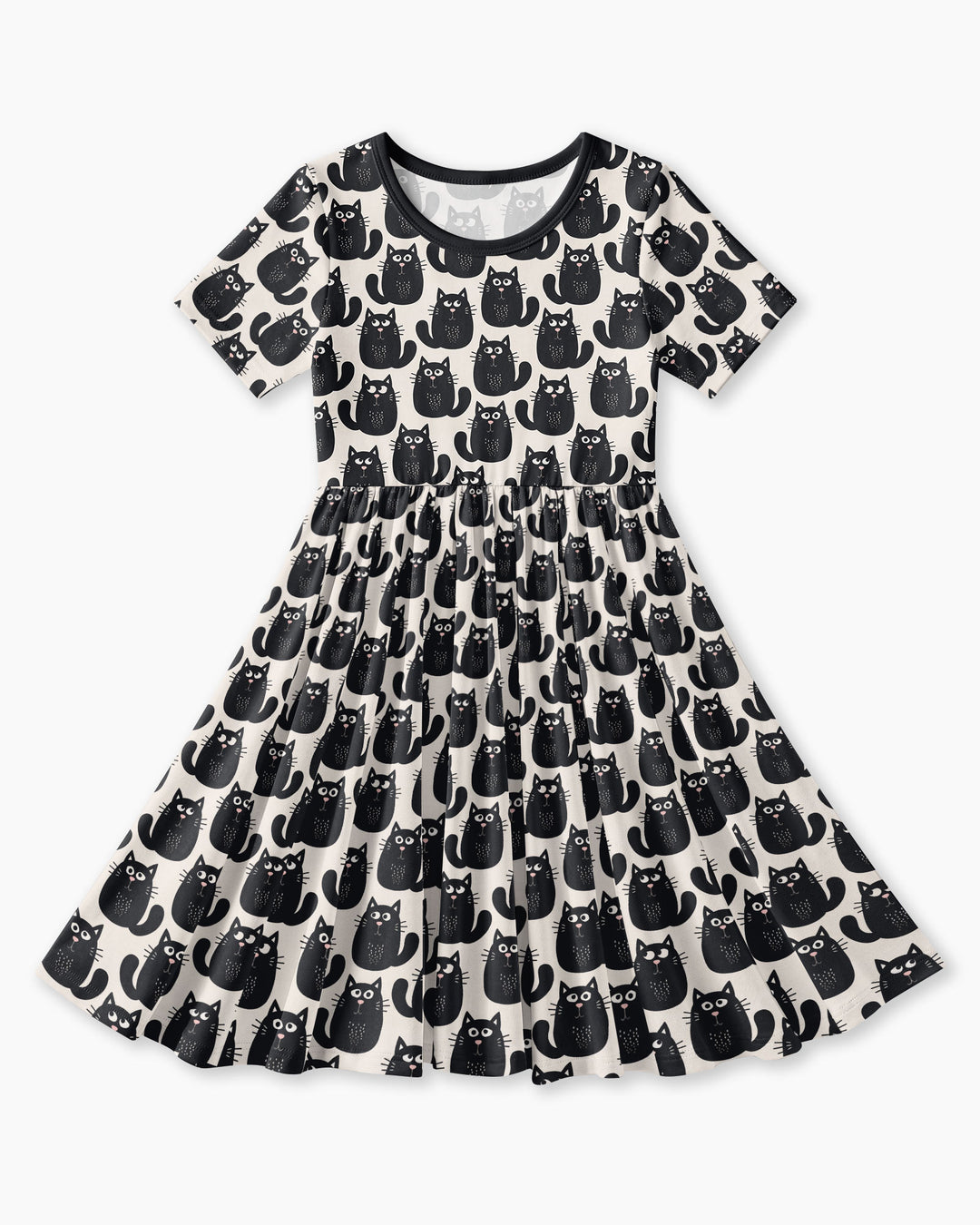 Moody Black Cats in Black and White Bamboo Twirl Dress