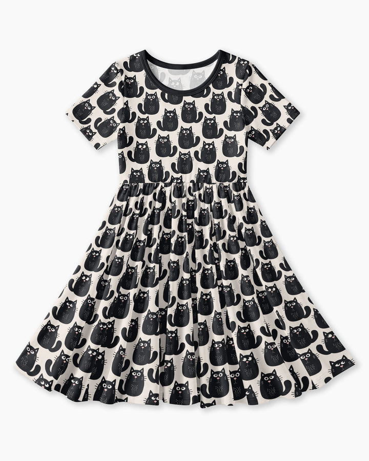 Moody Black Cats in Black and White Bamboo Twirl Dress