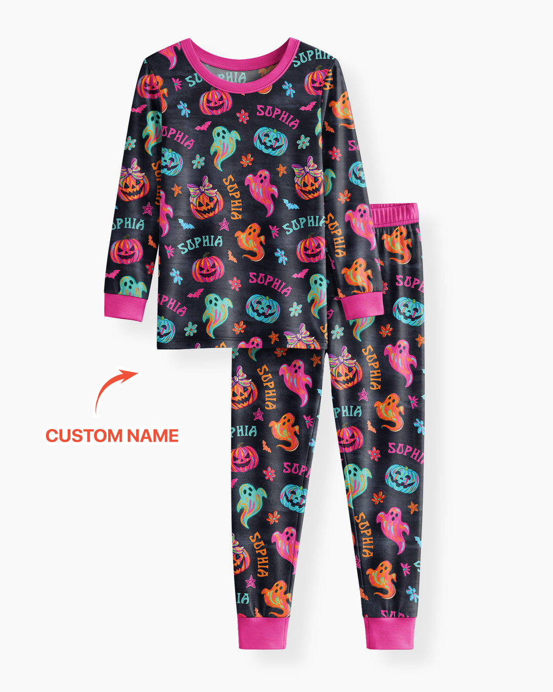 Custom Name Preppy Neon Pumpkin Bamboo Two Piece Long Sleeve Pajama Set