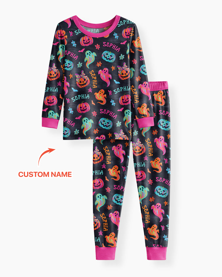 Custom Name Preppy Neon Pumpkin Bamboo Two Piece Long Sleeve Pajama Set