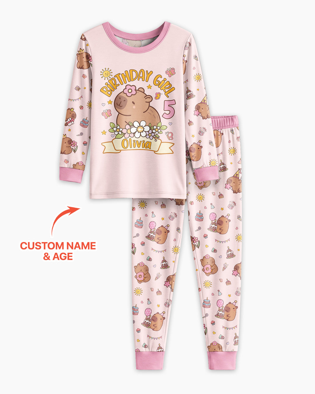 Personalized Capy Birthday Girl Bamboo Two Piece Long Sleeve Pajama Set
