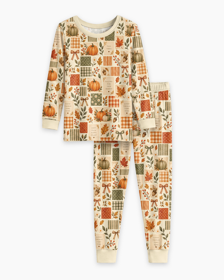 Fall Patchwork Watercolor Bamboo Two Piece Long Sleeve Pajama Set