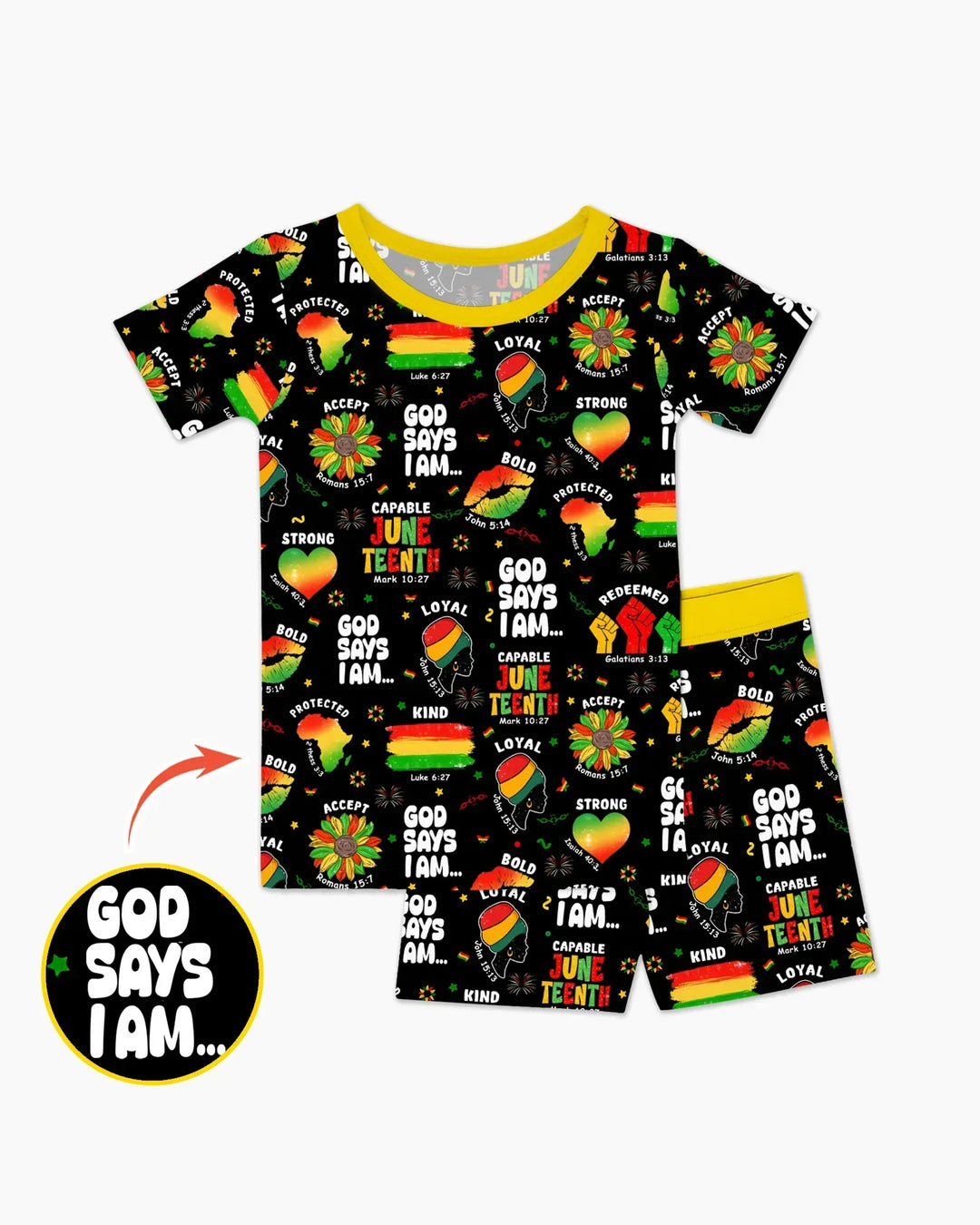 God Says I Am Juneteenth Blessings Bamboo Two Piece Short Sleeve Shorts Pajama Set