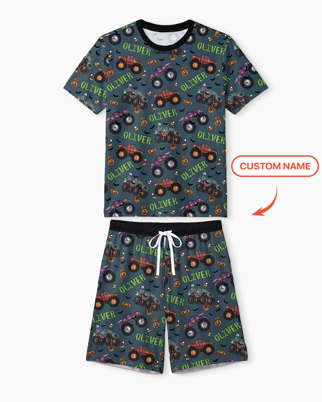 Custom Name Haunted Monster Trucks  Bamboo Men Short Sleeve Short Pajama Set