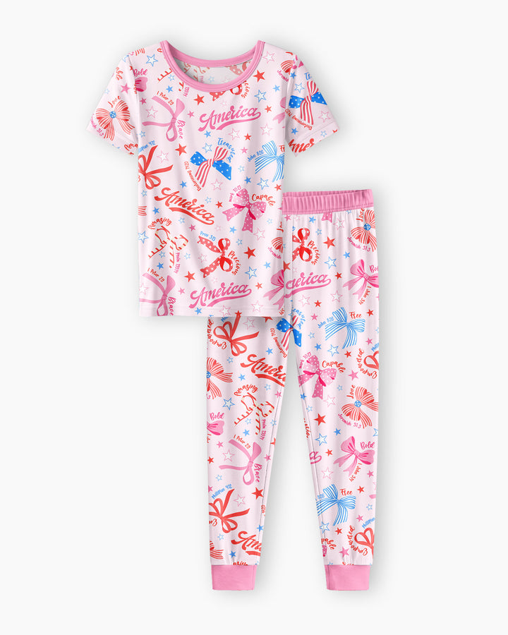 Pink Girly Patriotic Bamboo Two Piece Short Sleeve Pajama Set