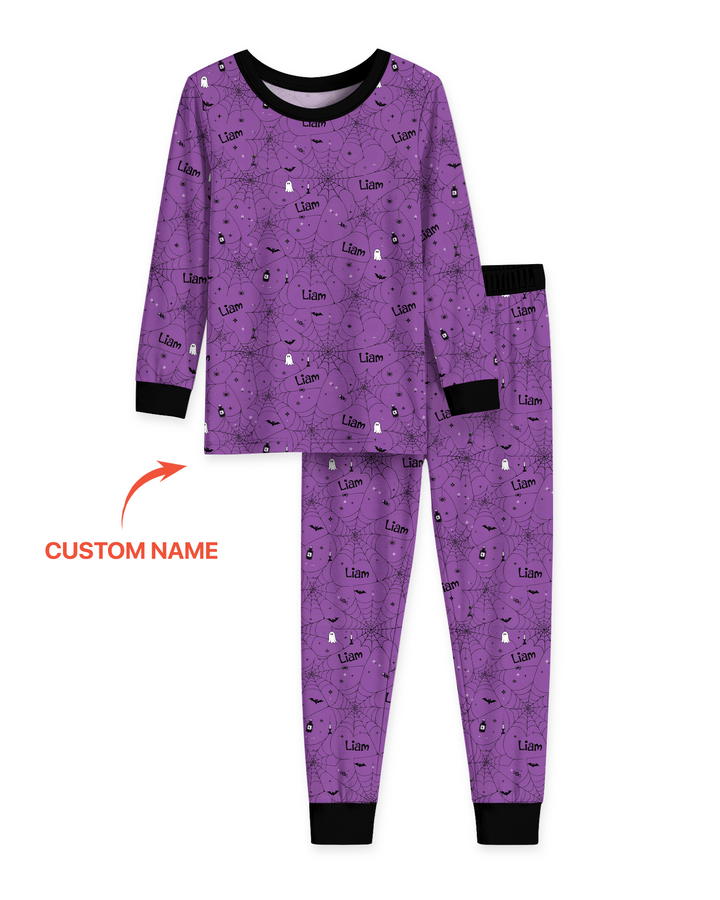 Spooky Spider Web Halloween Custom Name Bamboo Two Piece Long Sleeve Pajama Set