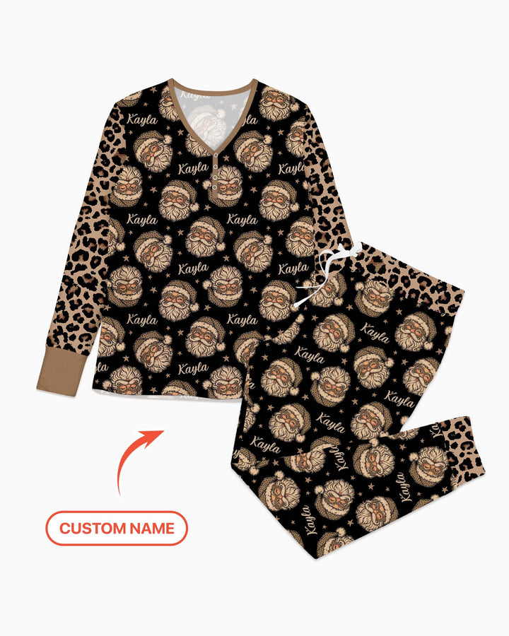 Custom Name Vintage Leopard Santa Bamboo Women Pajama Set