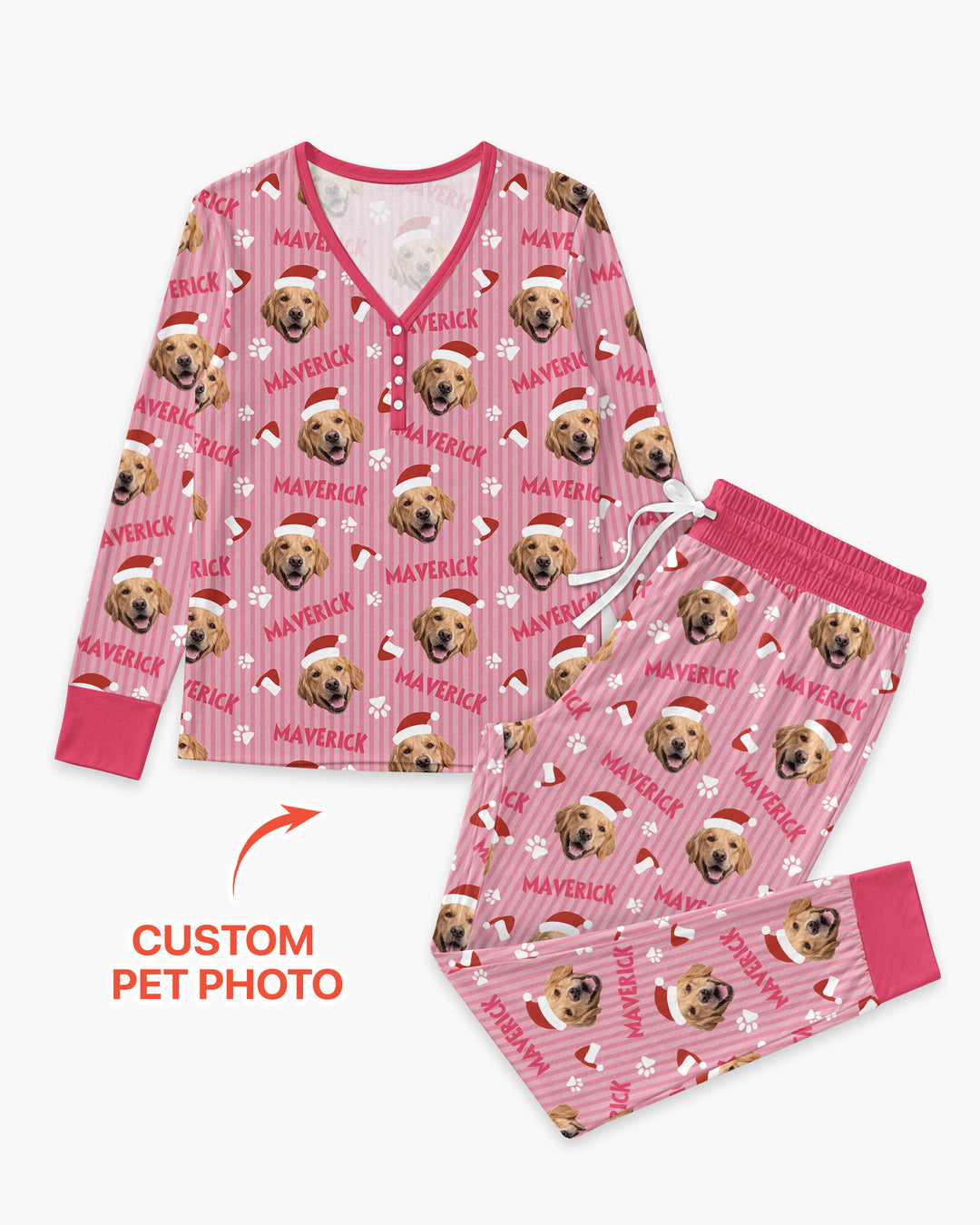 Custom Pet Photo Christmas Paws Stripe Bamboo Women Pajama Set