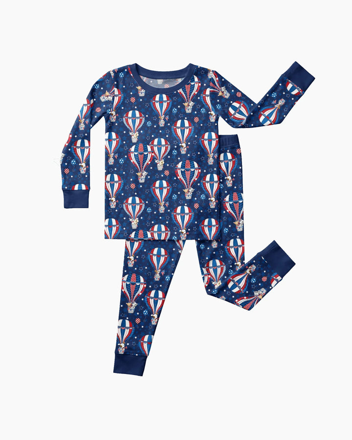 Patriotic Pups in Hot Air Balloons Family Matching Bamboo Two Piece Long Sleeve Pajama Set