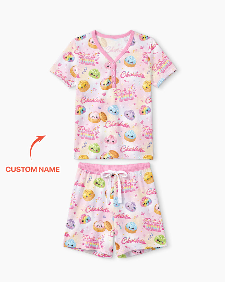 Birthday Girl Glitter Dumpling Bamboo Women Short Sleeve Short Pajama Set