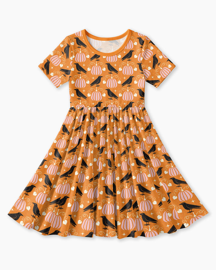 Ravens in a Pumpkin Patch - Orange Pink Bamboo Twirl Dress