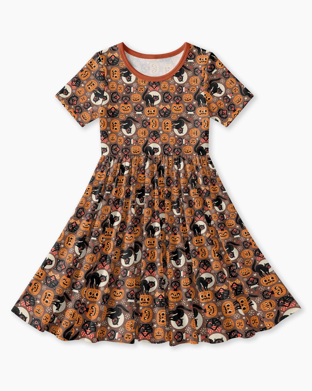 Vintage Halloween Black Cat Pumpkin Bamboo Twirl Dress