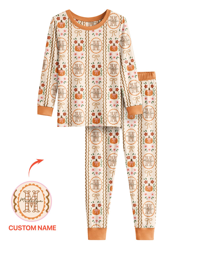 Custom Name Pumpkin Cottage Bamboo Two Piece Long Sleeve Pajama Set