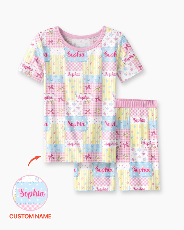 Custom Name Sweet Patchwork Bamboo Two Piece Short Sleeve Shorts Pajama Set