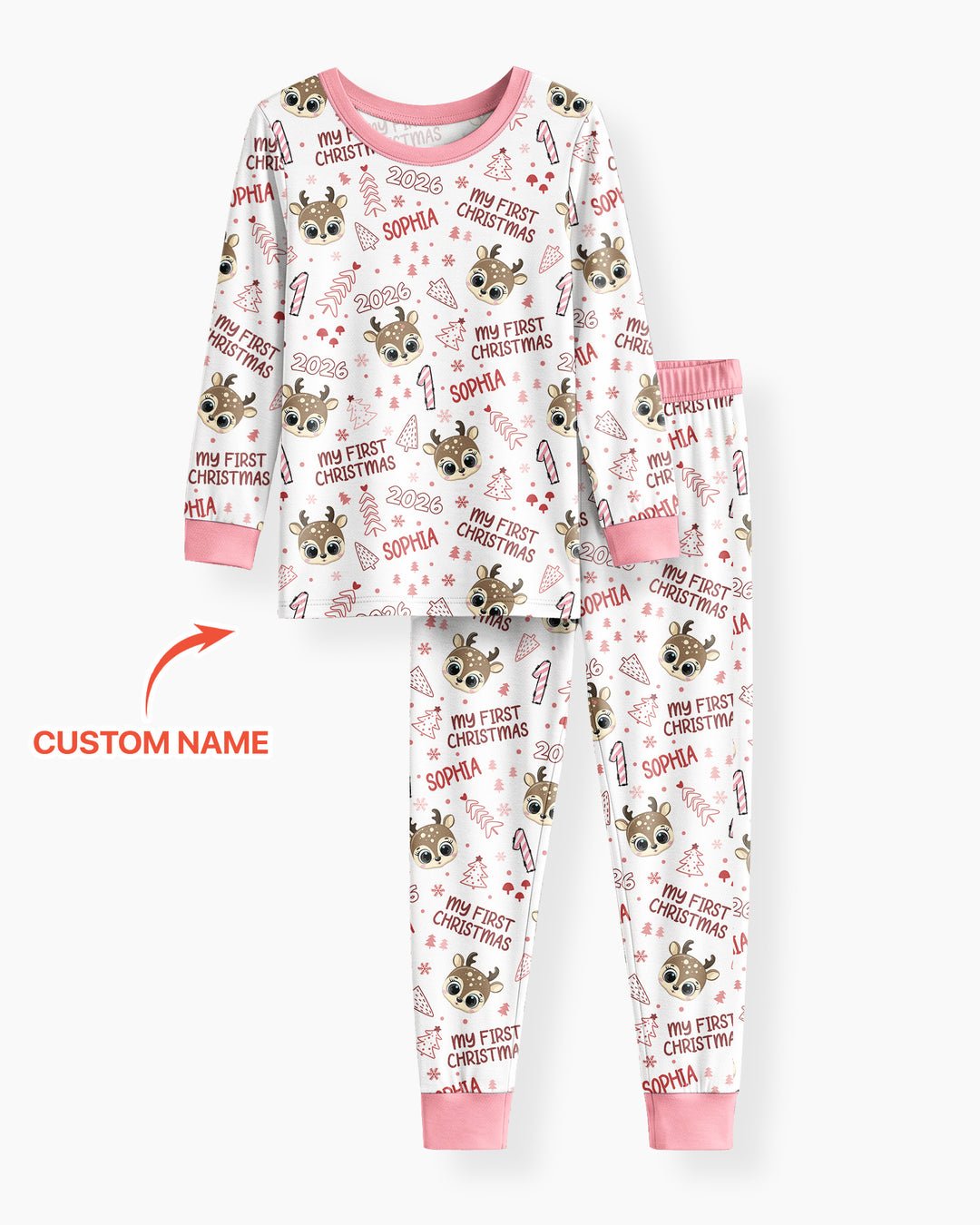 Custom Name Cute Reindeer My First Christmas Bamboo Two Piece Long Sleeve Pajama Set