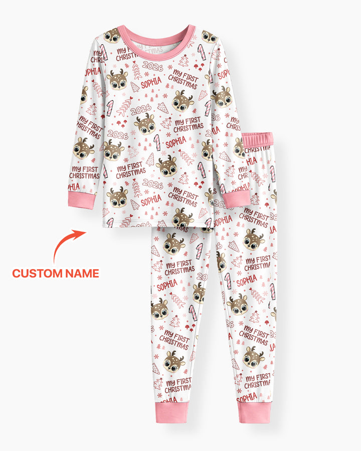 Custom Name Cute Reindeer My First Christmas Bamboo Two Piece Long Sleeve Pajama Set