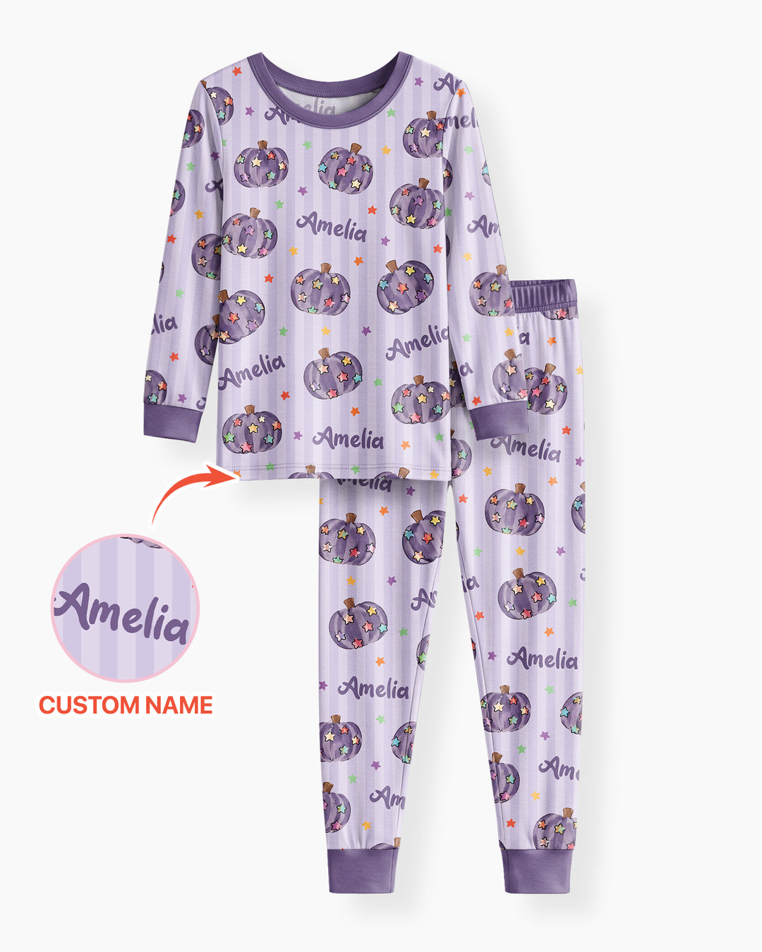 Colorful Star Pumpkin Custom Name Bamboo Two Piece Long Sleeve Pajama Set