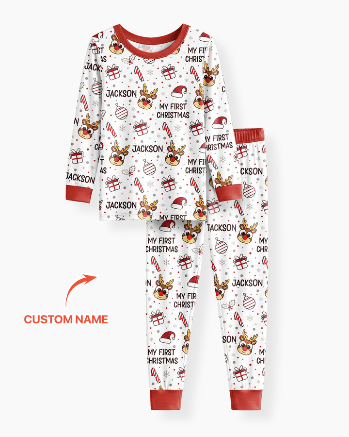 Custom Name Reindeer Doodle My First Christmas Bamboo Two Piece Long Sleeve Pajama Set