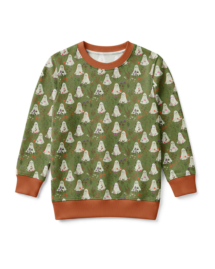 Cute Ghost Halloween Moss Green Floral Bamboo Crewneck Sweatshirt