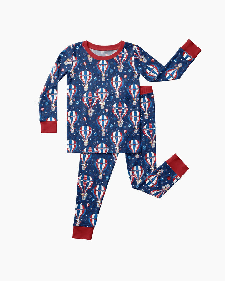 Patriotic Pups in Hot Air Balloons Family Matching Bamboo Two Piece Long Sleeve Pajama Set