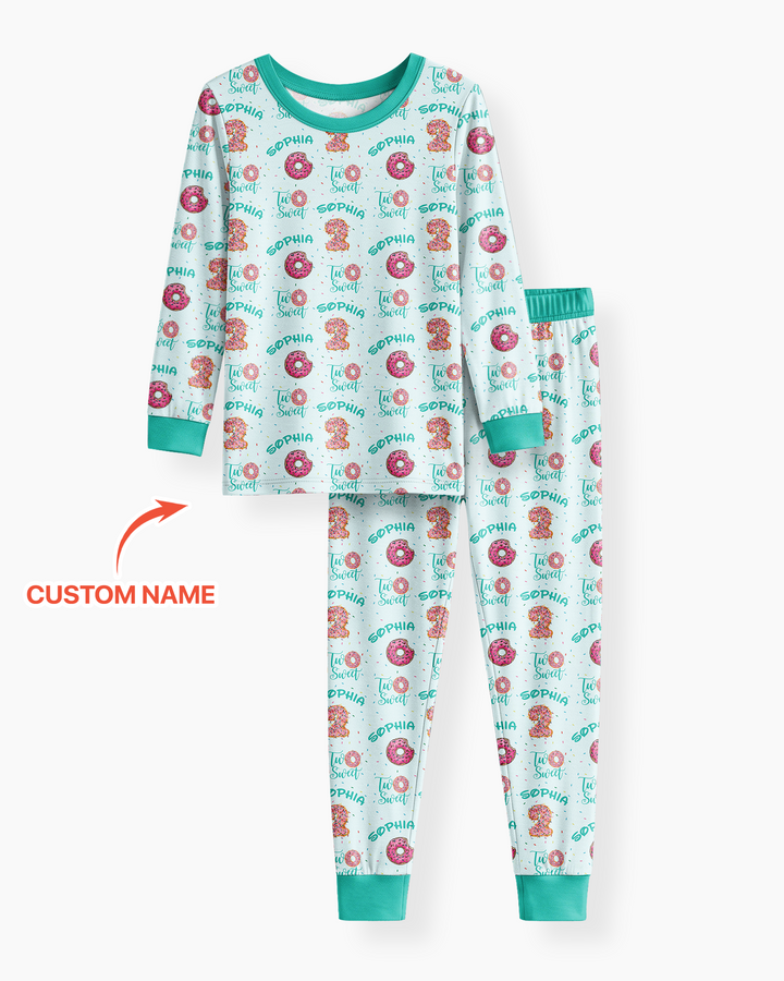 Custom Name Two Sweet Donut Bamboo Two Piece Long Sleeve Pajama Set