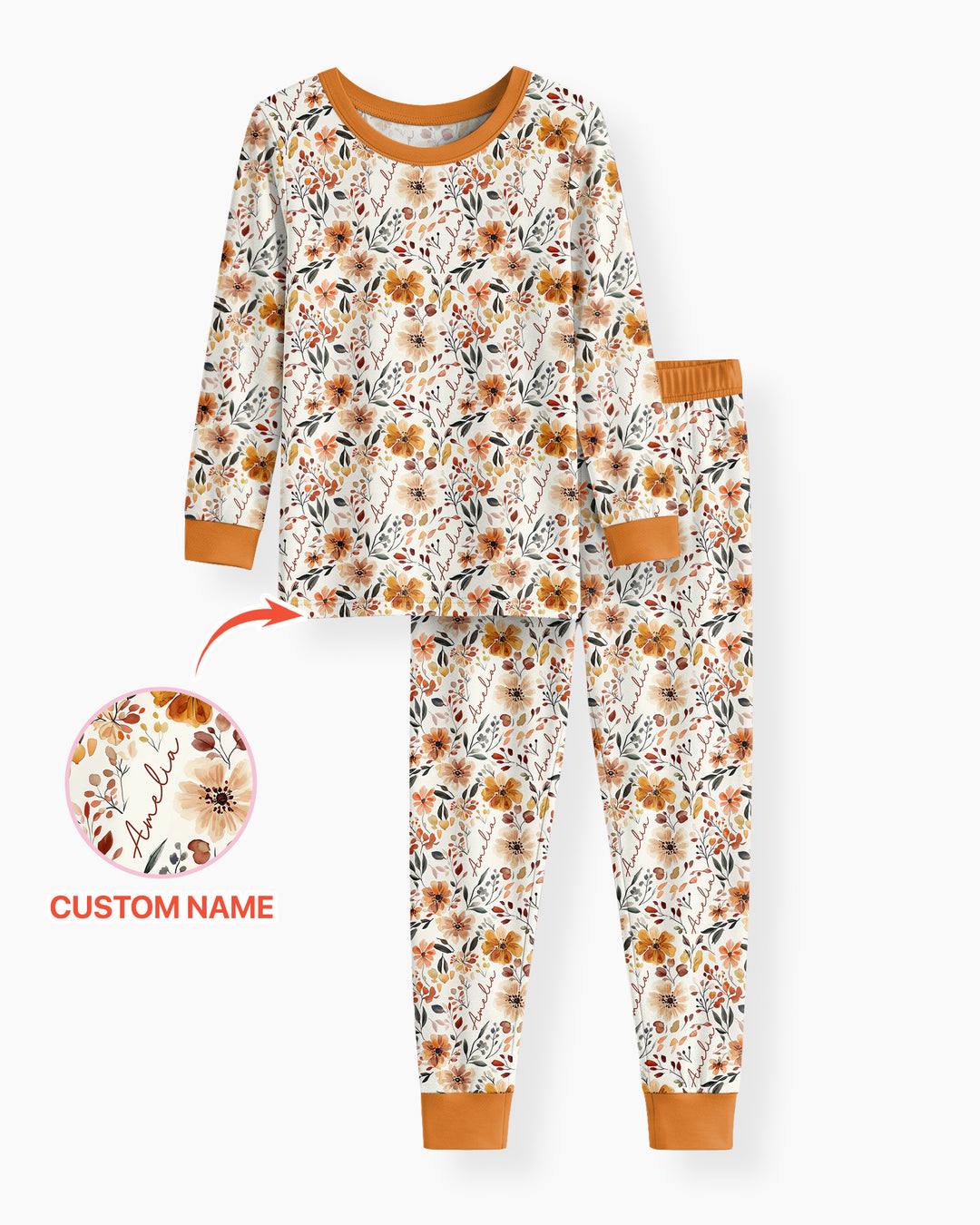 Custom Name Fall Flower Bamboo Two Piece Long Sleeve Pajama Set