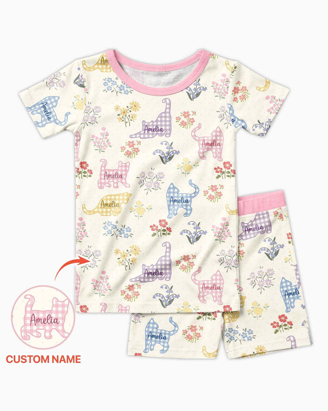 Gingham Cats Custom Name Bamboo Two Piece Short Sleeve Shorts Pajama Set