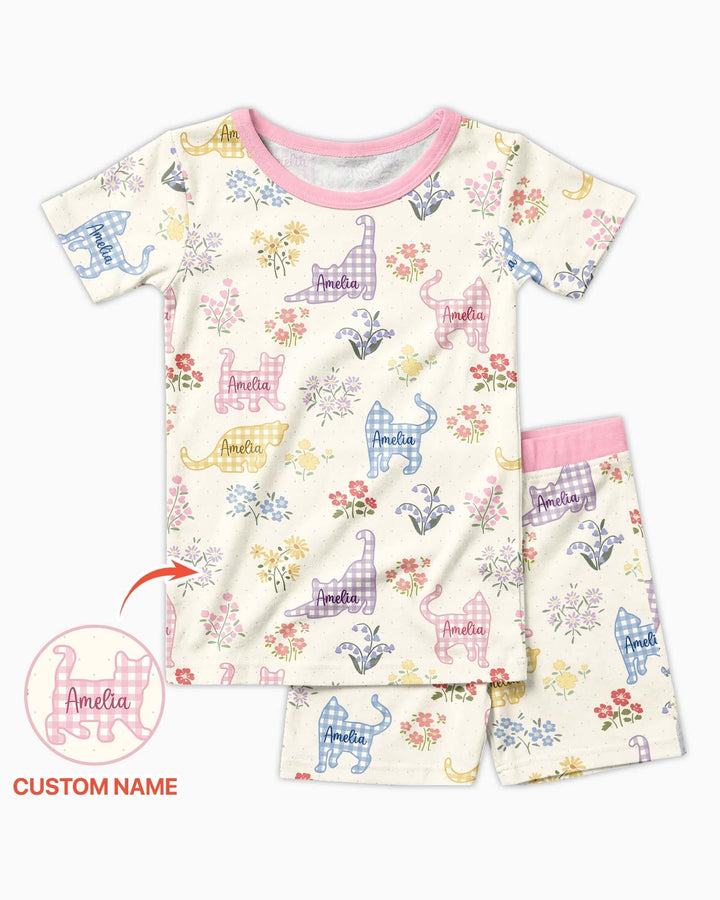 Gingham Cats Custom Name Bamboo Two Piece Short Sleeve Shorts Pajama Set