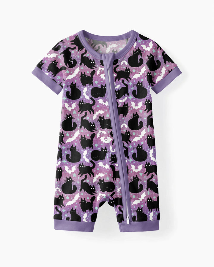 Spooky Black Cat Halloween Purple Bats Bamboo Shorty Zippy
