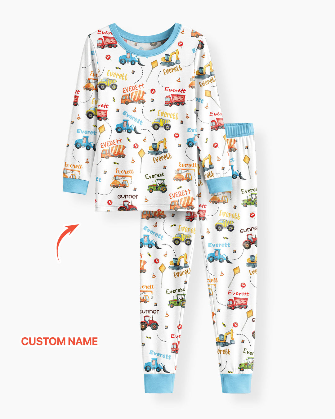 Construction Vehicles Custom Name Bamboo Two Piece Long Sleeve Pyjamas Set