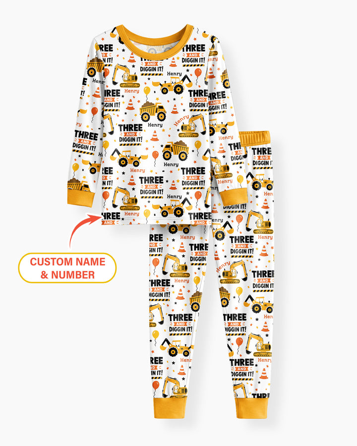 Personalized Birthday Construction Truck Diggin It Bamboo Two Piece Long Sleeve Pajama Set
