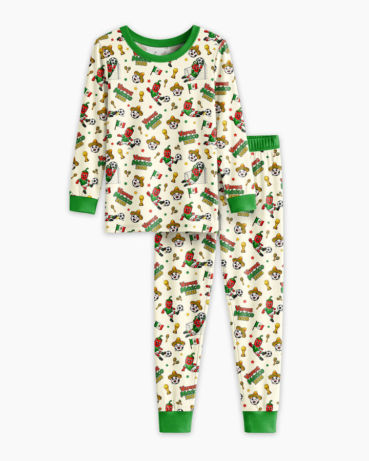 Cartoon World Soccer Vamos Mexico Family Matching Bamboo Two Piece Long Sleeve Pajama Set