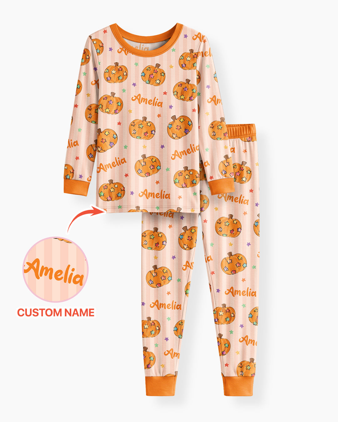 Colorful Star Pumpkin Custom Name Bamboo Two Piece Long Sleeve Pajama Set