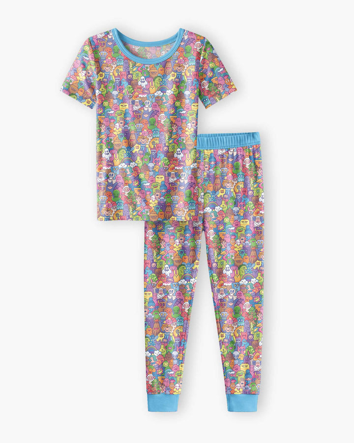 Doodle Characters Pastel Bamboo Two Piece Short Sleeve Pajama Set