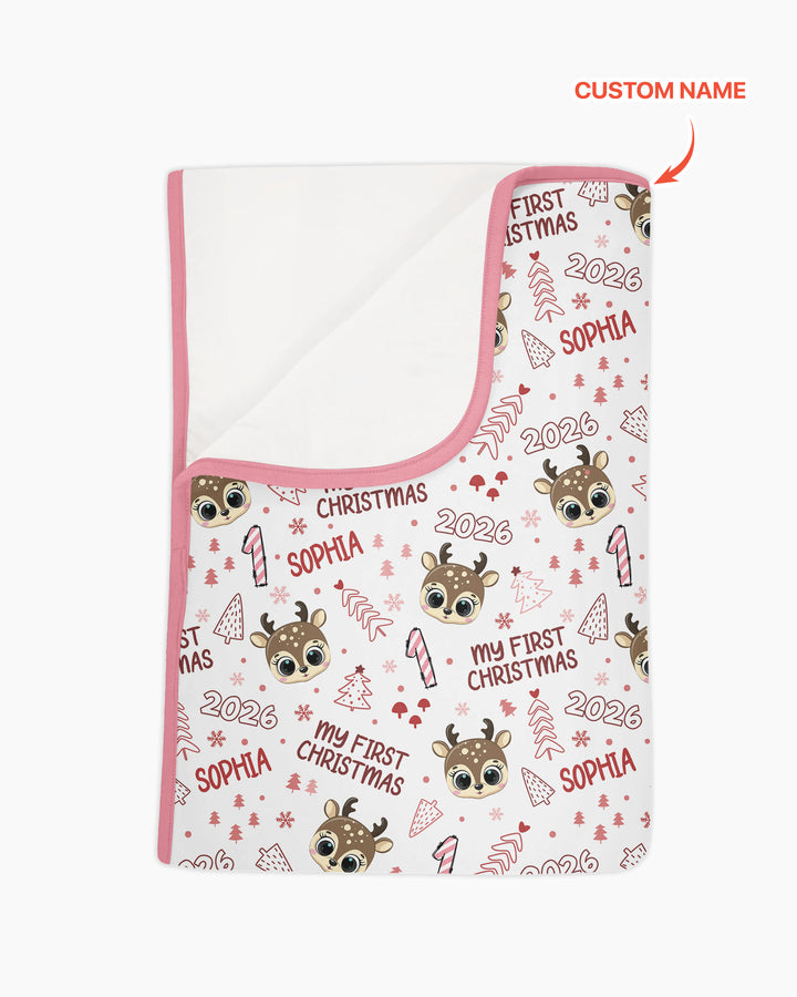 Custom Name Cute Reindeer My First Christmas Bamboo Blanket
