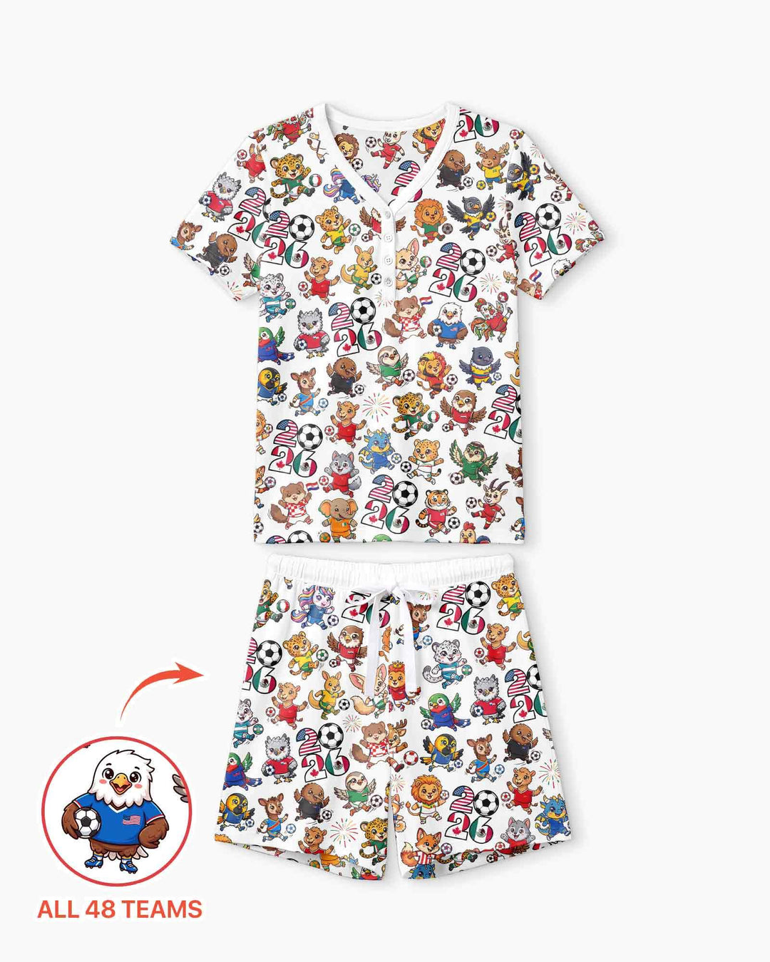 Kawaii Animals Soccer Tour 2026 Family Matching Bamboo Women Short Sleeve Short Pajama Set