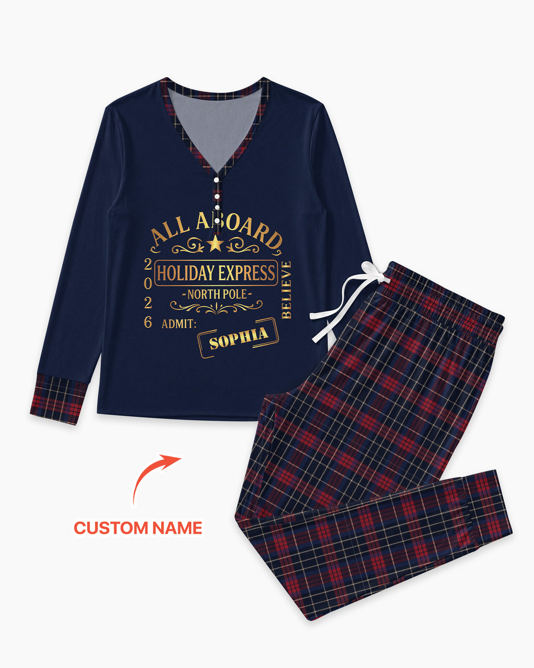 Custom Name North Pole Plaid Bamboo Women Pajama Set