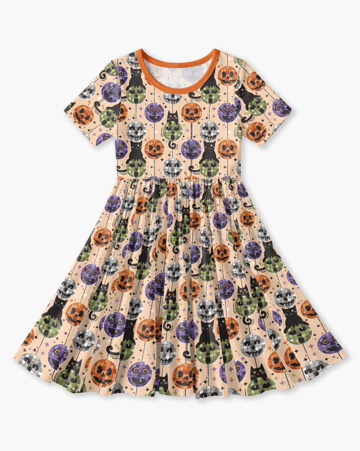 Groovy Halloween Disco Cat Bamboo Twirl Dress