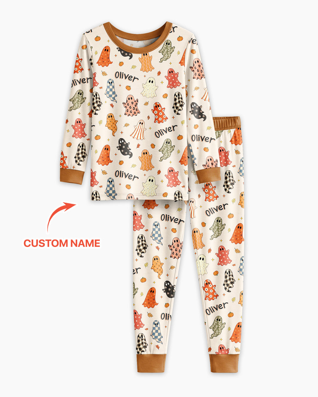 Custom Name Fall Ghost Bamboo Two Piece Long Sleeve Pajama Set