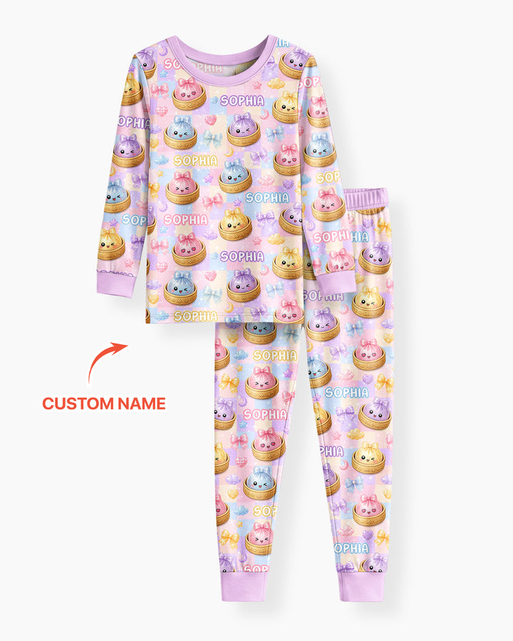 Custom Name Coquette Glitter Dumpling Bamboo Two Piece Long Sleeve Pajama Set