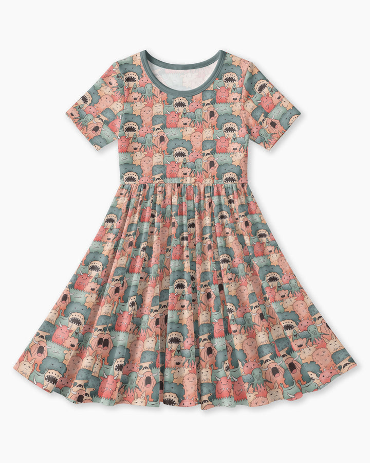 Cute Monster Crowd Bamboo Twirl Dress