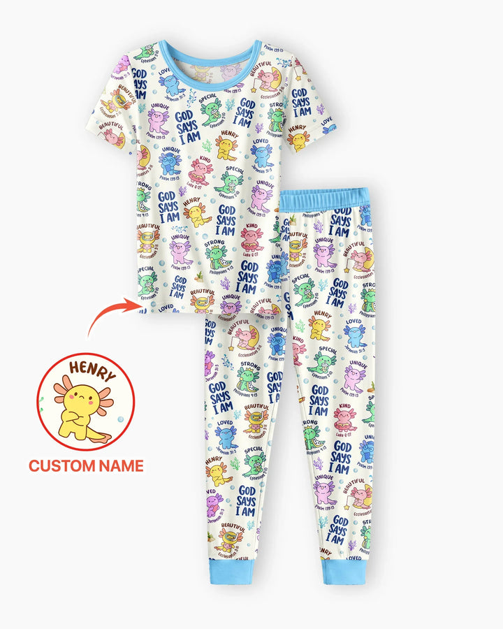 Axolotl God Says I Am Custom Name Bamboo Two Piece Short Sleeve Pajama Set