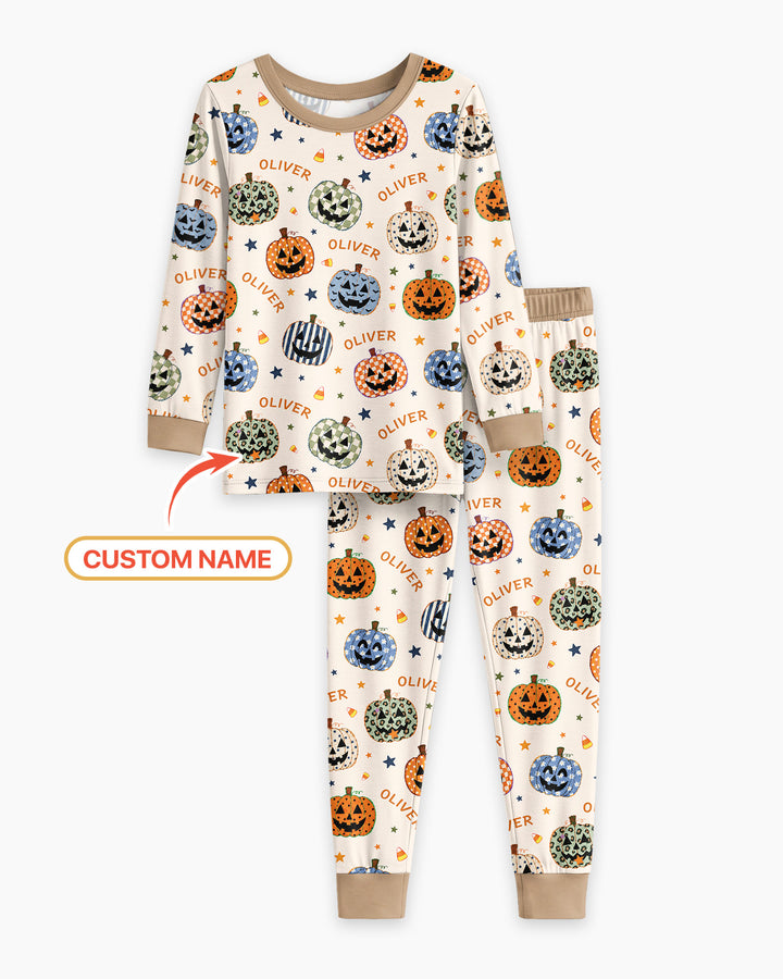 Custom Name Colorful Jack O Lantern Bamboo Two Piece Long Sleeve Pajama Set