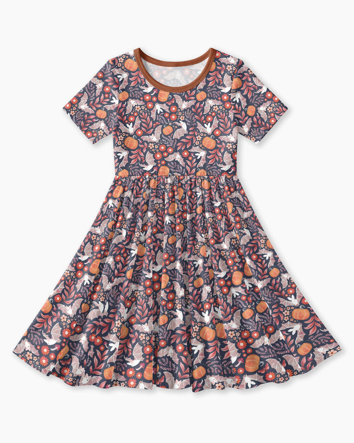 Bat Pumpkin Floral Halloween Bamboo Twirl Dress